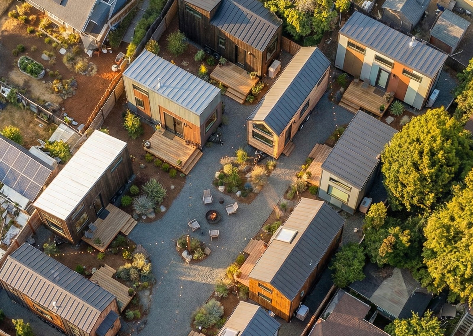 Aerial view of a small community of tiny homes around shared paths and gardens