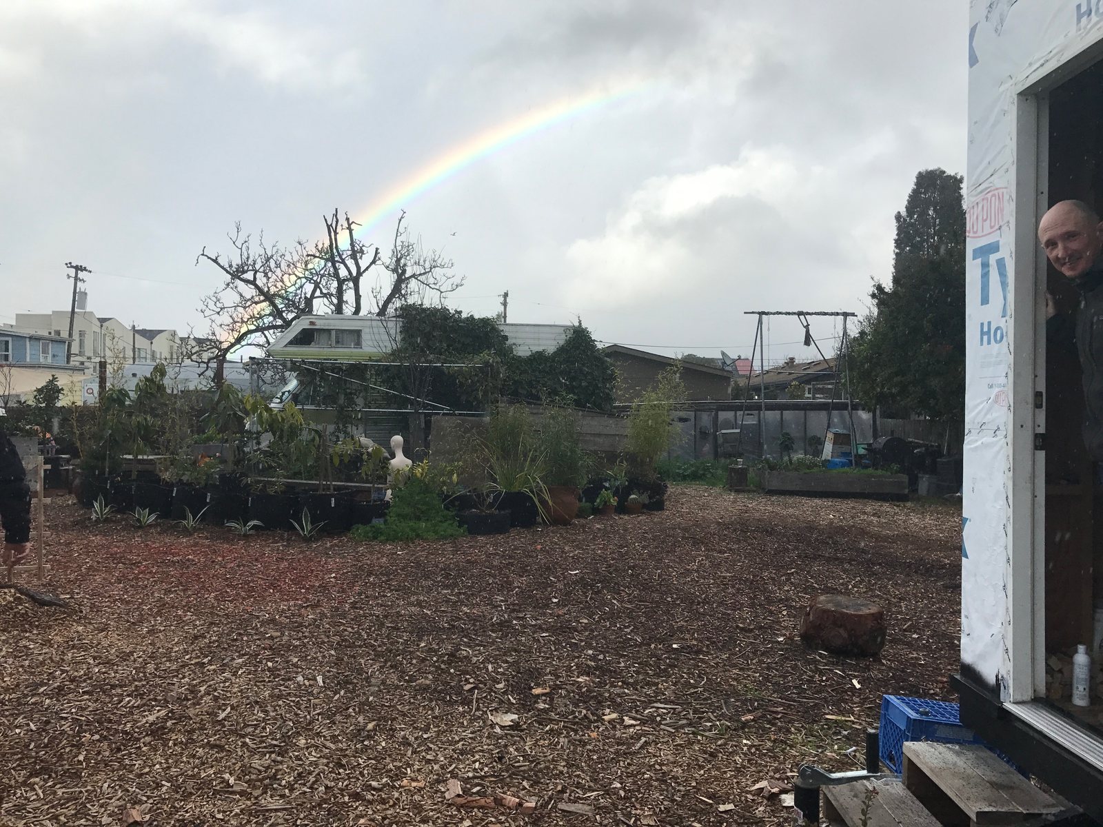 A rainbow over the lot on one of the last days