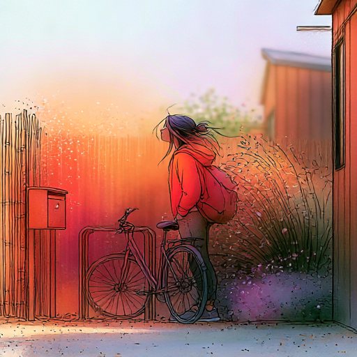 A resident arriving home with a bike at sunset